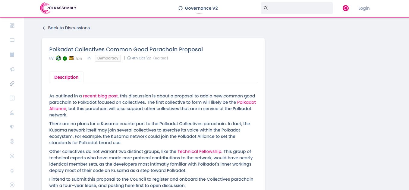 A sample of a Polkadot's governance-related proposal opened for discussion on Polkassembly.