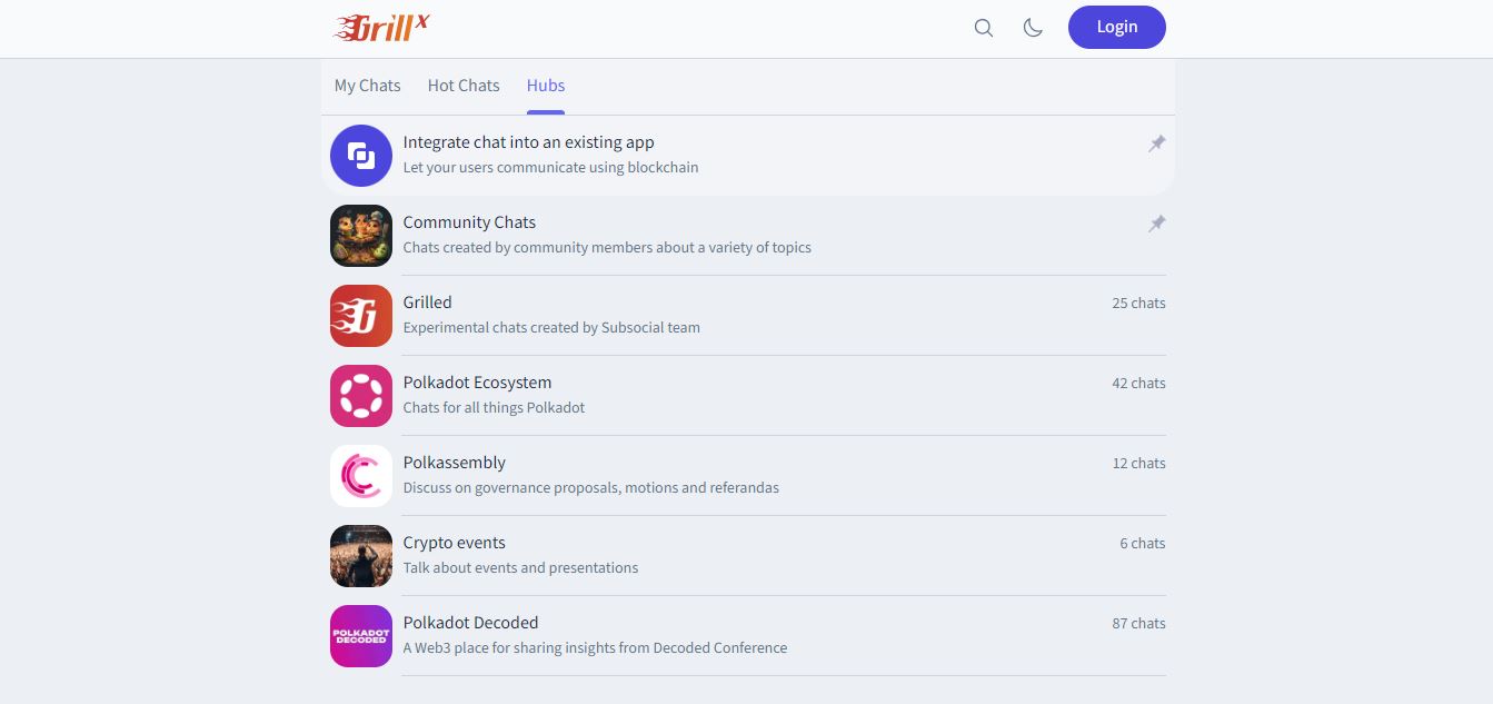 A list of active community hubs on Grill chat.