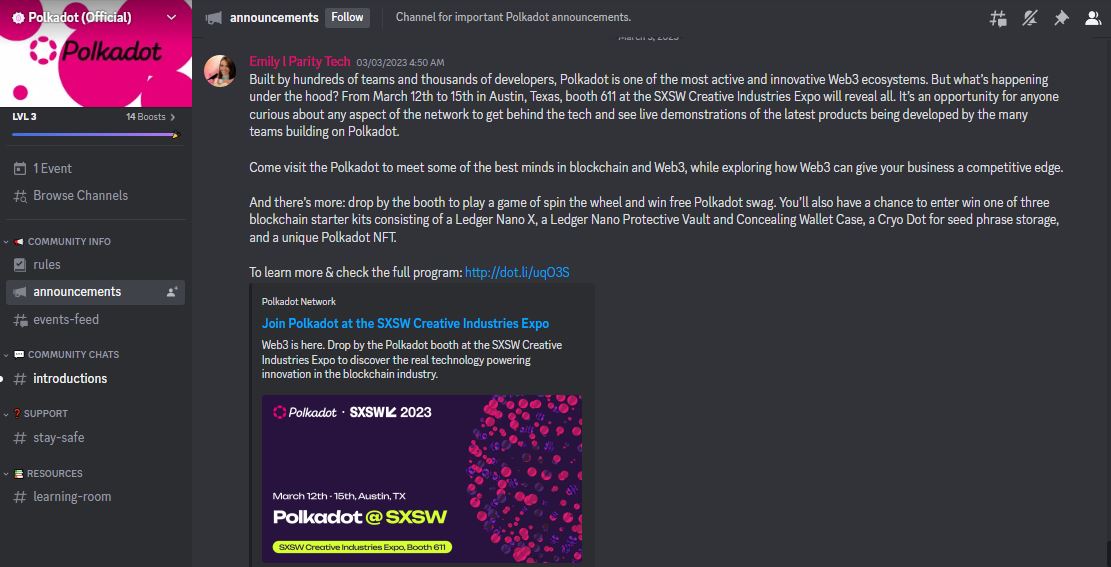 A view of the latest updates shared in the announcements channel of Polkadot Discord server.