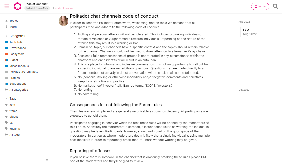 The Code of conduct of Polkadot community channels.