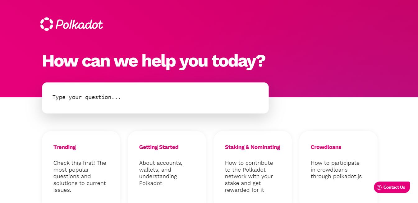 The support page of Polkadot network where users can get answers to their queries.