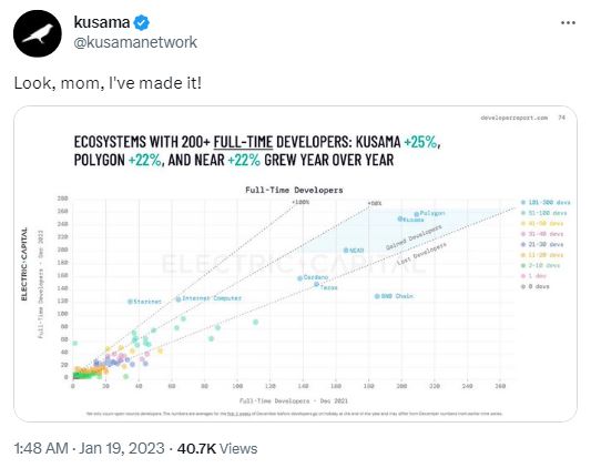 A graph from Electric Capital showing developers' growth on @KusamaNetwork in 2022.