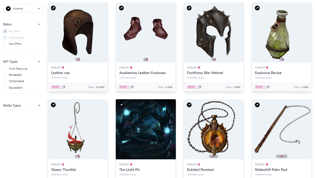 Composable NFTs sold as Games assets on a marketplace.